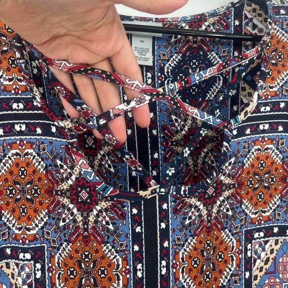 Catherines Patchwork 3/4 Sleeve Womens Top Sz 4X Boho New Aztec Lace Up Festival - Picture 2 of 9